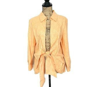 NWT Mishca Womens sz L Top Orange Linen Blend‎ Open Tie Front Long Sleeve Collar